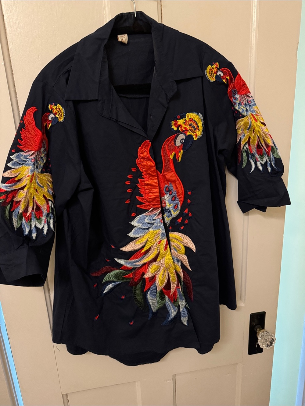 Embroidered Peacock Navy BlueButton-Up Shirt